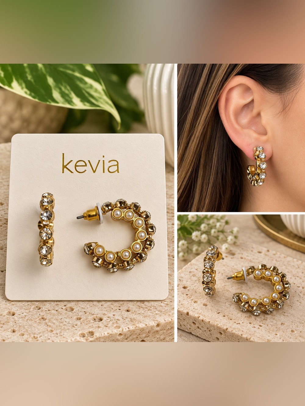 NWT Kevia Gold Pearl & Crystal Hoop Earrings
